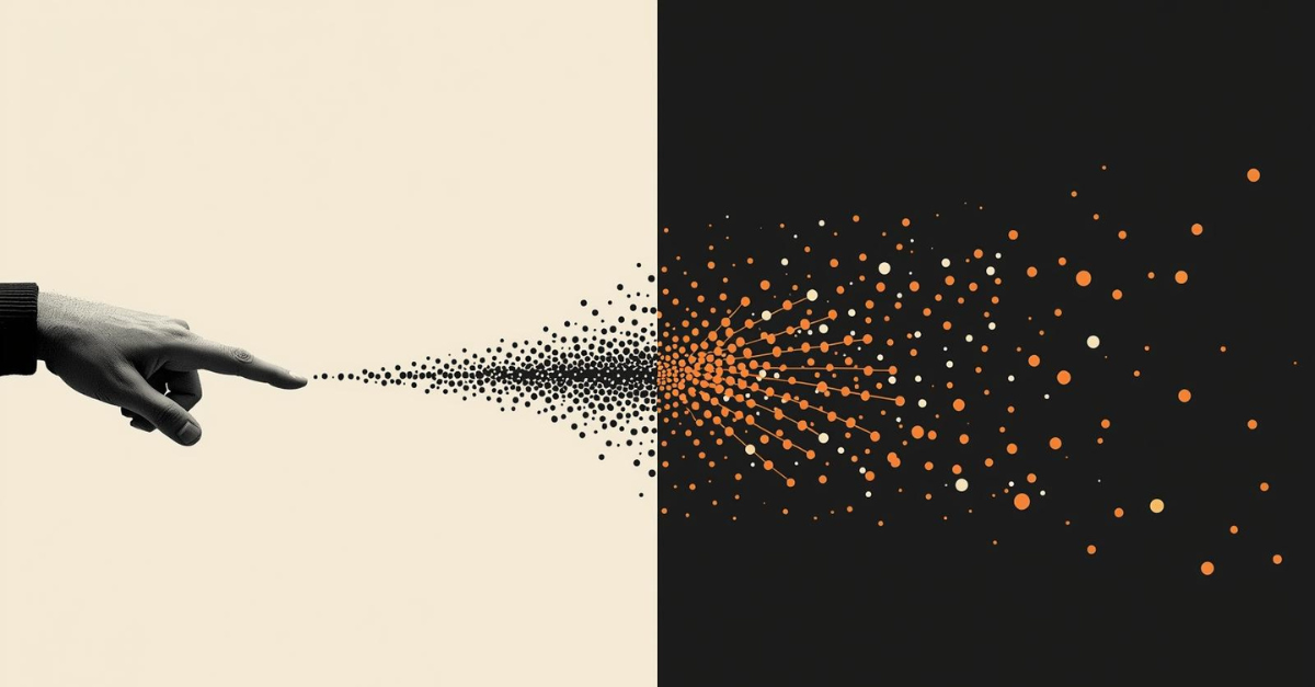 Illustration of a human hand initiating a cascade of particles that transform from physical to digital — representing the shift from direct interaction to delegated agency
